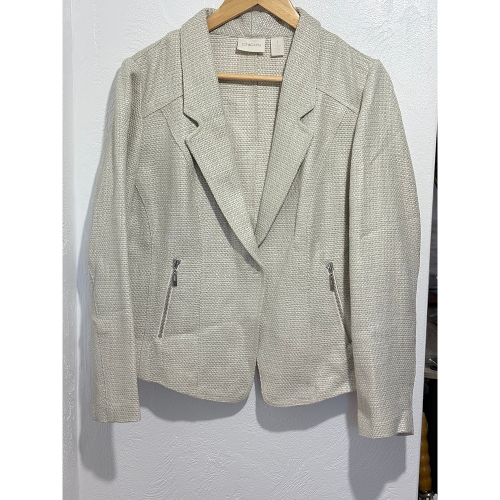 Chicos Metallic Champagne Textured Blazer Jacket Size 1 Medium Zip Pockets